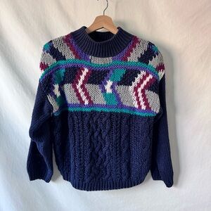 Vintage DEB Hand Knit Sweater Navy Geometric Pattern Cable Knit 80s 90s Medium